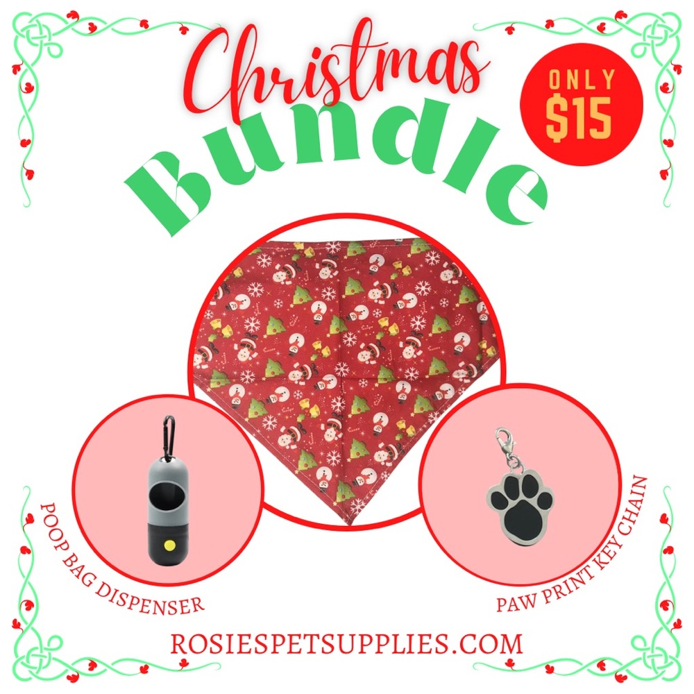 Christmas Pet Bundle w/ bandana flashlight poop bags dispenser and keychain!